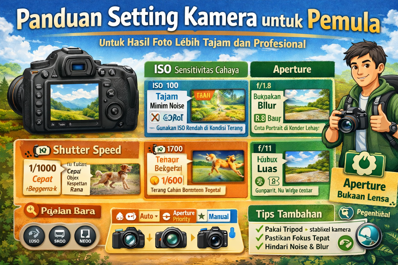 setting kamera untuk pemula agar hasil foto lebih tajam dengan pengaturan ISO shutter speed aperture